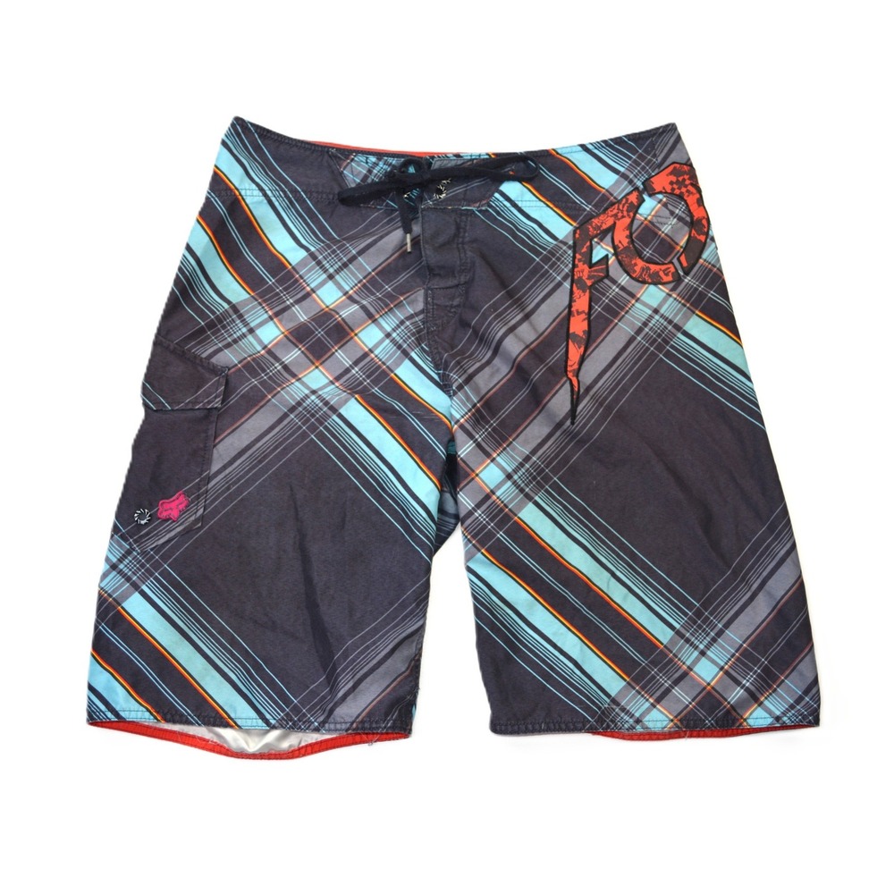 Fox Racing Mens Plaid Board Shorts Size 36 Black Teal Orange Cargo Pocket Logo